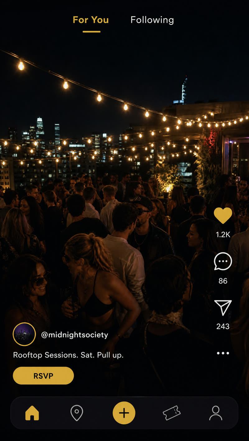 Concept preview of the Owtside feed: a vertical video of a rooftop party with an RSVP button