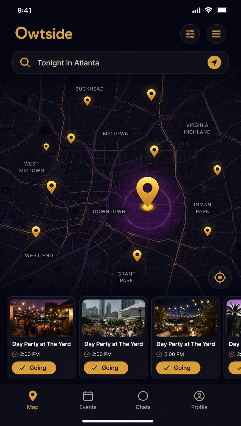 Concept preview: a live night-city map with glowing event pins