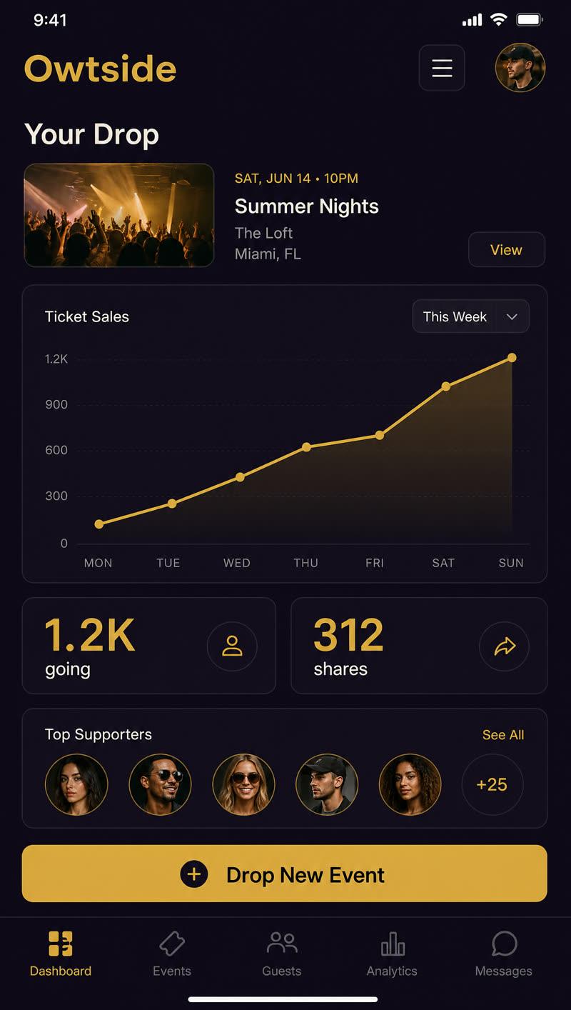 Concept preview: promoter dashboard with rising ticket sales and a Drop New Event button
