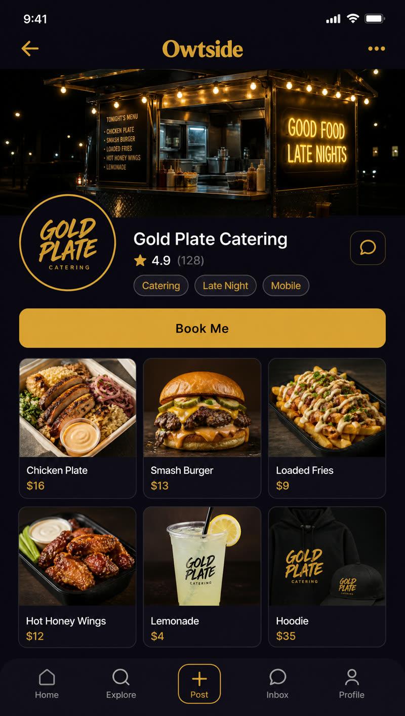 Concept preview: a vendor storefront profile with a photo grid and Book Me button